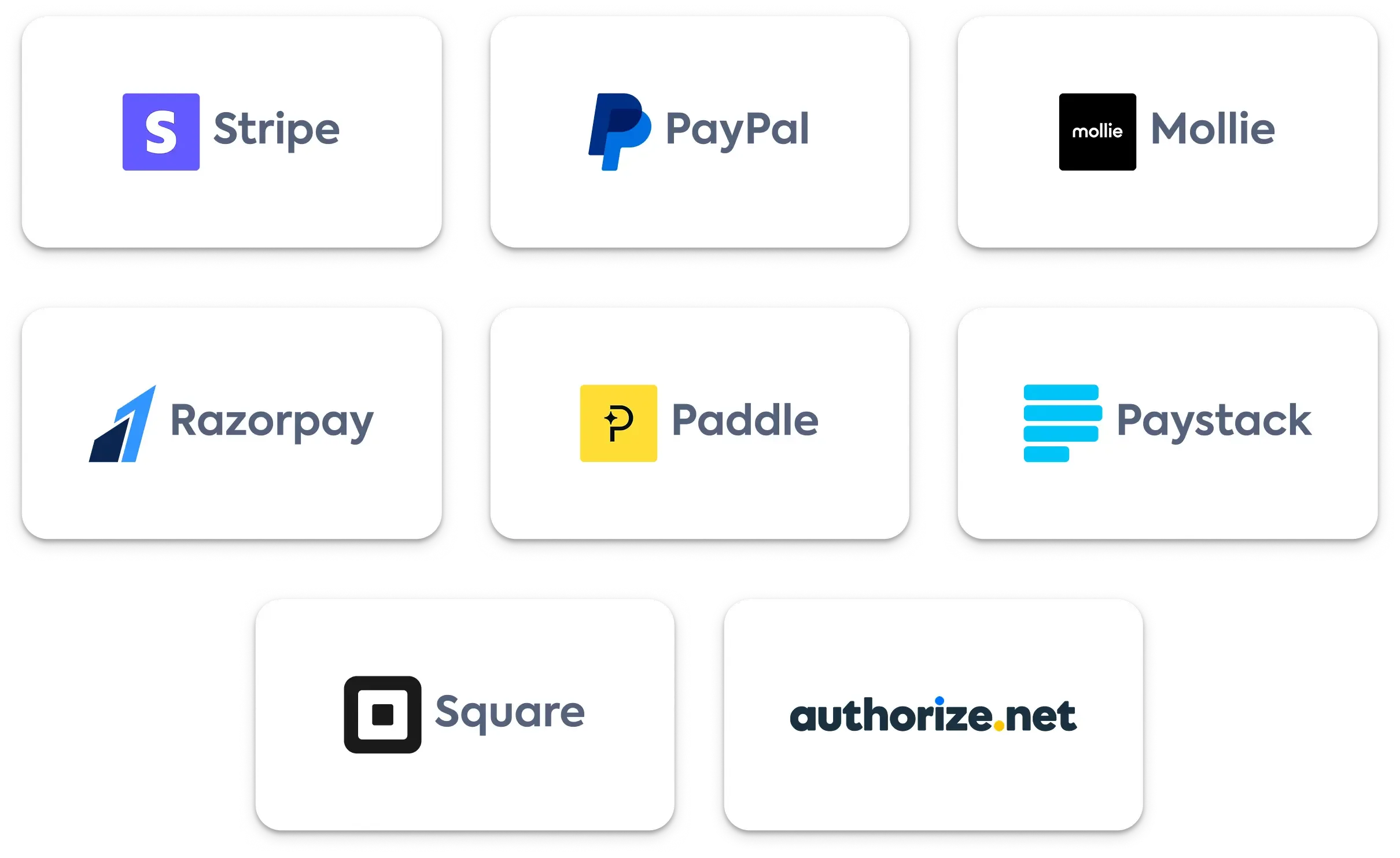 A grid of eight logos for online payment platforms: Stripe, PayPal, Mollie, Razorpay, Paddle, Paystack, Square, and Authorise.net.